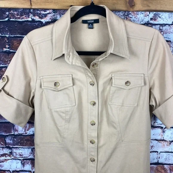 MSK Tan Button-Up Short Sleeve Shirt Cotton Dress Sz M - Picture 5 of 13
